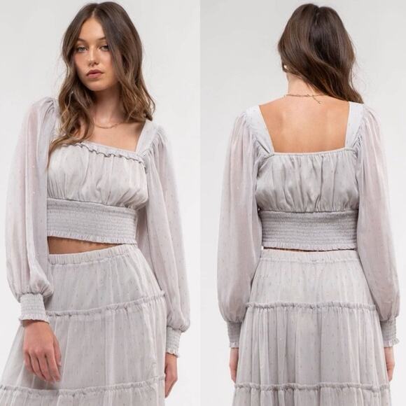 NEW BY THE RIVER Grey Gold Metallic Polka Dot Long Sleeve $88 Crop Top Blouse S - Picture 2 of 16